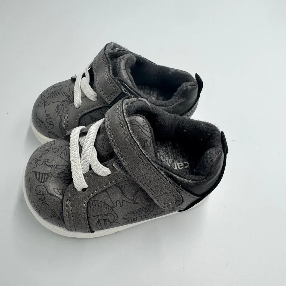 Carter's Toddler Boys Size 3M Dark Gray Dinosaur Print Baby Shoes Sneakers Walk